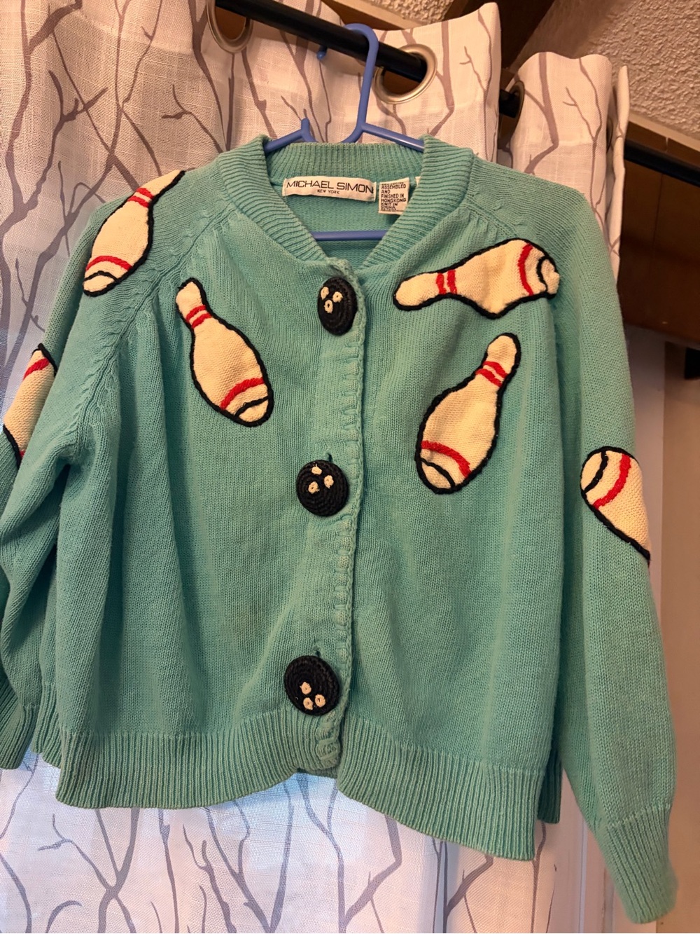 Vintage Michael Simon Mint Green Bowling Cardigan with Appliqués